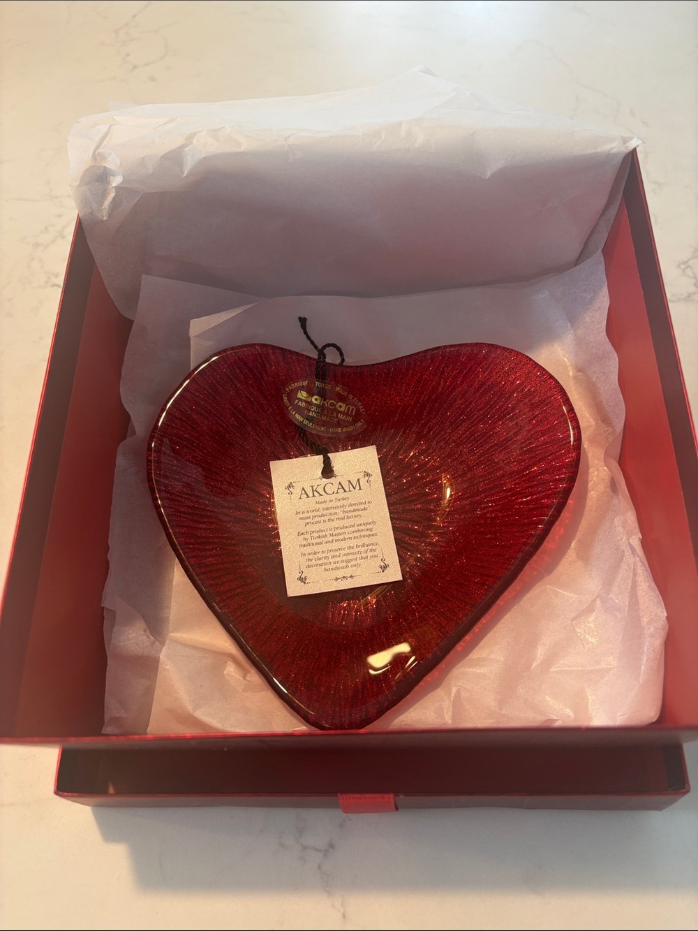 AKCAM Red Heart Glass Decorative‎ Dish - Home Accents Decor